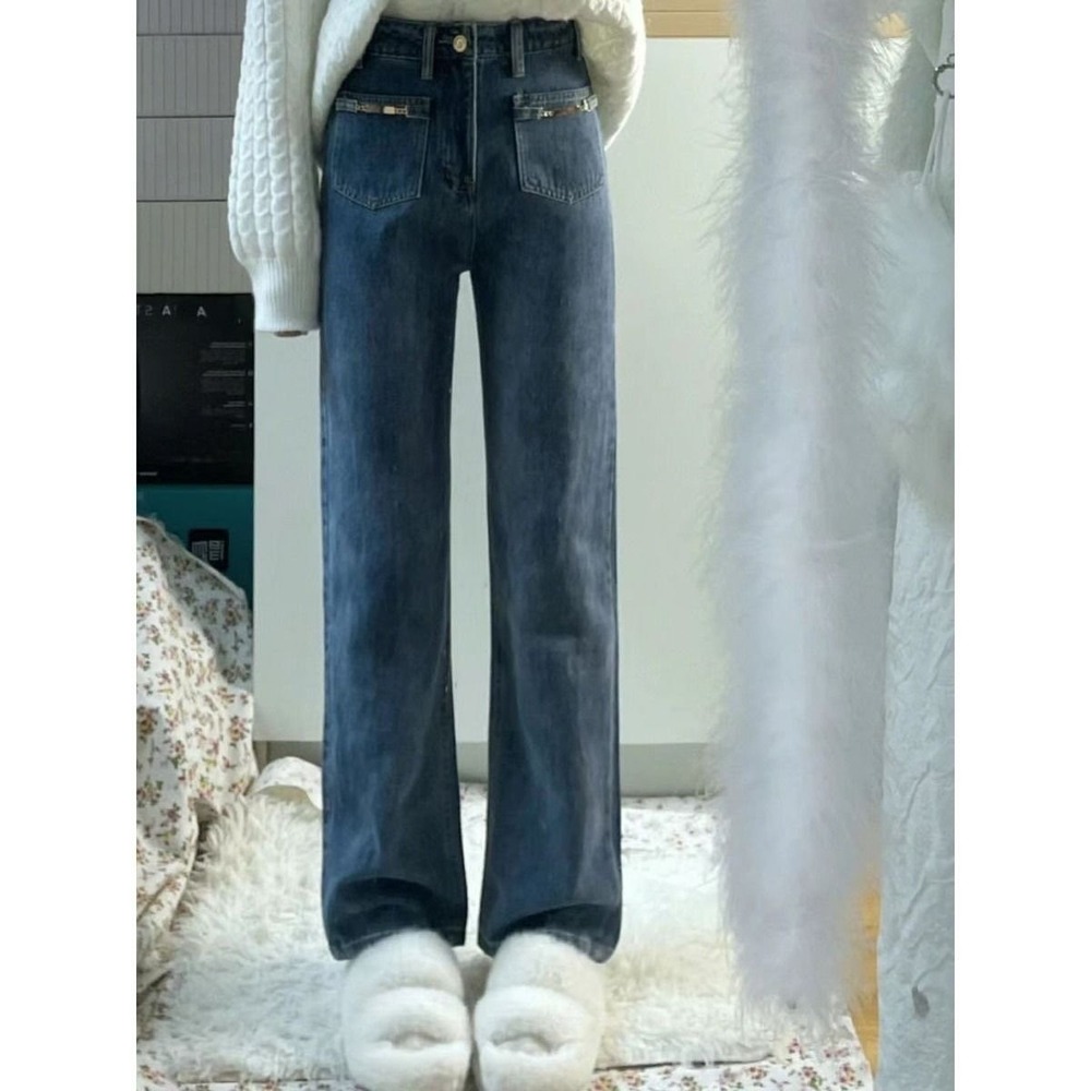NWT‎ Women Straight Leg Jeans Blue Denim Pants Gold Pocket Detail fit Size S